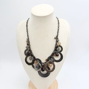 Vintage Premier Designs Statement Necklace Gunmetal Multi Circle Crystal Bib
